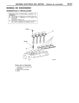 SISTEMA ELÉCTRICO DEL MOTOR – Sistema de encendido 16-31
BOBINA DE ENCENDIDO
DESMONTAJE E INSTALACIÓN
Operación previa al desmontaje y posterior a la
instalación
D Desmontaje e instalación de la cubierta del motor
D Desmontaje e instalación de la cámara de
resonancia
(consulte el GRUPO 15).
D Desmontaje e instalación del conjunto del filtro de
aire y de la manguera de admisión de aire
25 Nm
1
3
2
10 Nm
Pasos para el desarmado
1. Conector de la bobina de
encendido
2. Bobina de encendido
3. Bujía
 