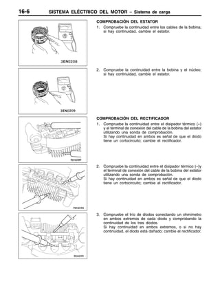 SISTEMA ELÉCTRICO DEL MOTOR – Sistema de carga16-6
COMPROBACIÓN DEL ESTATOR
1. Compruebe la continuidad entre los cables de la bobina;
si hay continuidad, cambie el estator.
2. Compruebe la continuidad entre la bobina y el núcleo;
si hay continuidad, cambie el estator.
COMPROBACIÓN DEL RECTIFICADOR
1. Compruebe la continuidad entre el disipador térmico (+)
y el terminal de conexión del cable de la bobina del estator
utilizando una sonda de comprobación.
Si hay continuidad en ambos es señal de que el diodo
tiene un cortocircuito; cambie el rectificador.
2. Compruebe la continuidad entre el disipador térmico (–)y
el terminal de conexión del cable de la bobina del estator
utilizando una sonda de comprobación.
Si hay continuidad en ambos es señal de que el diodo
tiene un cortocircuito; cambie el rectificador.
3. Compruebe el trío de diodos conectando un ohmímetro
en ambos extremos de cada diodo y comprobando la
continuidad de los tres diodos.
Si hay continuidad en ambos extremos, o si no hay
continuidad, el diodo está dañado; cambie el rectificador.
 