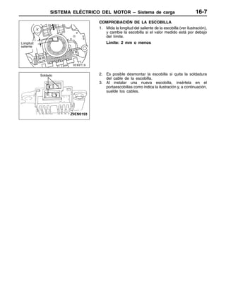 SISTEMA ELÉCTRICO DEL MOTOR – Sistema de carga 16-7
COMPROBACIÓN DE LA ESCOBILLA
1. Mida la longitud del saliente de la escobilla (ver ilustración),
y cambie la escobilla si el valor medido está por debajo
del límite.
Límite: 2 mm o menos
2. Es posible desmontar la escobilla si quita la soldadura
del cable de la escobilla.
3. Al instalar una nueva escobilla, insértela en el
portaescobillas como indica la ilustración y, a continuación,
suelde los cables.
Longitud
saliente
Soldado
 