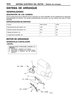 SISTEMA ELÉCTRICO DEL MOTOR – Sistema de arranque16-8
SISTEMA DE ARRANQUE
GENERALIDADES
DESCRIPCIÓN DE LOS CAMBIOS
Como consecuencia de la adopción de los vehículos con motor 4G9-MPI, se han establecido los siguientes
procedimientos de servicio. Los demás procedimientos de servicio son los mismos que para el motor
4G9-GDI.
ESPECIFICACIÓN DE SERVICIO
Puntos Valor normal Límite
Descentramiento del colector, mm 0,05 0,1
Diámetro exterior del colector, mm 29,4 28,8
Rebaje del colector, mm 0,5 0,2
Longitud de la escobilla, mm – 7,0
MOTOR DE ARRANQUE
DESMONTAJE E INSTALACIÓN
<4G9-MPI>
Operación previa al desmontaje y posterior a la
instalación
D Desmontaje e instalación de la batería
D Desmontaje e instalación de la cubierta inferior
D Desmontaje e instalación del eje propulsor
delantero
3
4
5
2
1
30 ± 3 Nm
5,0 ± 1,0 Nm
31 ± 3 Nm
5,0 ± 1,0 Nm
 