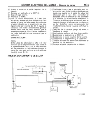 SISTEMA ELÉCTRICO DEL MOTOR – Sistema de cargaSISTEMA ELÉCTRICO DEL MOTOR – Sistema de carga 16-5
(6) Vuelva a conectar el cable negativo de la
batería.
(7) Conecte un tacómetro o el MUT–II.
(8) Deje el capó abierto.
(9) Arranque el motor.
(10)Con el motor funcionando a 2.500 rpm,
encienda y apague los faros y otras luces para
ajustar la carga del alternador de modo que
el valor indicado por el amperímetro se sitúe
ligeramente por encima de 30 A. Ajuste la
velocidad del motor aminorándola gradual-
mente hasta que el valor indicado por el
amperímetro sea de 30 A. Efectúe una lectura
del valor indicado en ese momento por el
voltímetro.
Límite: máx. 0,3 V
NOTA
Si la salida del alternador es alta y el valor
indicado por el amperímetro no baja hasta 30
A, ajuste el valor a 40 A. Lea el valor indicado
en ese momento por el voltímetro.Cuando la
gama del valor está en torno a 40 A, el límite
máximo es de 0,4 V.
(11)Si el valor indicado por el voltímetro está por
encima del valor límite lo más probable es que
exista una avería en el cable de salida del
alternador, por lo que debe comprobar el
cableado entre el terminal “B” del alternador
y el terminal (+) de la batería (incluyendo la
conexión de fusible).Si el terminal no está lo
bastante tenso o si el mazo de conductores
se ha desteñido como consecuencia del
recalentamiento, repare y vuelva a efectuar la
prueba.
(12)Después de la prueba, ponga el motor a
funcionar al ralentí.
(13)Apague todas las luces y la llave de encendido.
(14)Desconecte el tacómetro o el MUT–II.
(15)Desconecte el cable negativo de la batería.
(16)Desconecte el amperímetro y el voltímetro.
(17)Conecte el cable de salida del alternador al
terminal “B” del alternador.
(18)Conecte el cable negativo de la batería.
PRUEBA DE CORRIENTE DE SALIDA
Lámpara de advertencia de carga
Voltímetro
Amperímetro
Llave de encendido
Relé del alternador
Carga
Batería
ECU
del motor
Alternador
L
S
G
+– + –
B
FR
 