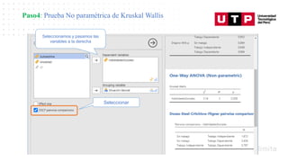 Datos/Observaciones
Paso4: Prueba No paramétrica de Kruskal Wallis
Seleccionamos y pasamos las
variables a la derecha
Seleccionar
 