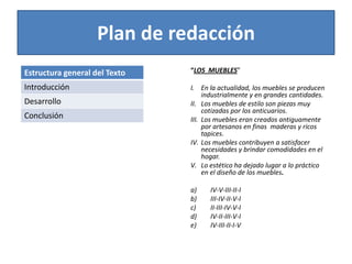 Plan de redacción“LOS  MUEBLES” En la actualidad, los muebles se producen industrialmente y en grandes cantidades.Los muebles de estilo son piezas muy cotizadas por los anticuarios.Los muebles eran creados antiguamente por artesanos en finas  maderas y ricos tapices.Los muebles contribuyen a satisfacer necesidades y brindar comodidades en el hogar.Lo estético ha dejado lugar a lo práctico en el diseño de los muebles.   IV-V-III-II-IIII-IV-II-V-III-III-IV-V-IIV-II-III-V-IIV-III-II-I-V