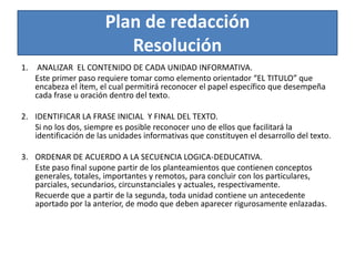 Plan de redacción Resolución1.	 ANALIZAR  EL CONTENIDO DE CADA UNIDAD INFORMATIVA.	Este primer paso requiere tomar como elemento orientador “EL TITULO” que encabeza el ítem, el cual permitirá reconocer el papel específico que desempeña cada frase u oración dentro del texto. 2. 	IDENTIFICAR LA FRASE INICIAL  Y FINAL DEL TEXTO.	Si no los dos, siempre es posible reconocer uno de ellos que facilitará la identificación de las unidades informativas que constituyen el desarrollo del texto. 3.	ORDENAR DE ACUERDO A LA SECUENCIA LOGICA-DEDUCATIVA.	Este paso final supone partir de los planteamientos que contienen conceptos generales, totales, importantes y remotos, para concluir con los particulares, parciales, secundarios, circunstanciales y actuales, respectivamente. 	Recuerde que a partir de la segunda, toda unidad contiene un antecedente aportado por la anterior, de modo que deben aparecer rigurosamente enlazadas.