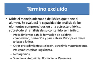 Término excluidoMide el manejo adecuado del léxico que tiene el alumno. Se evaluará la capacidad de análisis de los elementos comprendidos en una estructura léxica, sobretodo el  análisis de su contenido semántico.Procedimientos para la formación de palabras: composición, derivación y parasíntesis. Principales raíces griegas y latinas.Otros procedimientos: siglación, acronimia y acortamiento.Préstamos y calcos lingüísticos.Neologismos.Sinonimia. Antonimia. Homonimia. Paronimia.