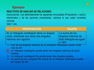 Ejemplo
REACTIVOS DE ANÁLISIS DE RELACIONES
Instrucciones: Lea detenidamente los siguientes enunciados (Proposición y razón),
relaciónelos y de las opciones presentadas, subraye la que usted considere
correcta.
Valor 1 pto.
PROPOSICIÓN RAZÓN
Si un triángulo rectángulo tiene un ángulo
recto, entonces sus otros dos ángulos
internos son agudos
La suma de los
ángulos internos de
todo triángulo es igual
a 180°
1. Uno de los ángulos internos de un triángulo rectángulo puede medir
más de 90°
2. Un triángulo rectángulo puede tener dos ángulos internos de igual
medida.
3. Un triángulo rectángulo No puede tener dos ángulos iguales .
4. La suma de los 2 ángulos No rectos de un triángulo rectángulo puede
ser mayor de 90°
 