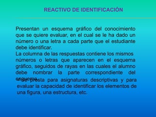 REACTIVO DE IDENTIFICACIÓN
Presentan un esquema gráfico del conocimiento
que se quiere evaluar, en el cual se le ha dado un
número o una letra a cada parte que el estudiante
debe identificar.
La columna de las respuestas contiene los mismos
números o letras que aparecen en el esquema
gráfico, seguidos de rayas en las cuales el alumno
debe nombrar la parte correspondiente del
esquema.Se presta para asignaturas descriptivas y para
evaluar la capacidad de identificar los elementos de
una figura, una estructura, etc.
 