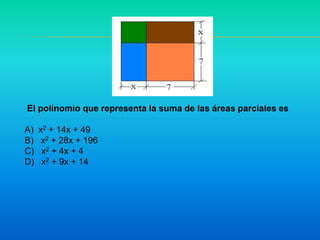 El polinomio que representa la suma de las áreas parciales es
A) x2 + 14x + 49
B) x2 + 28x + 196
C) x2 + 4x + 4
D) x2 + 9x + 14
 