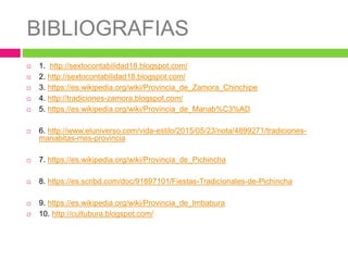 BIBLIOGRAFIAS
 1. http://sextocontabilidad18.blogspot.com/
 2. http://sextocontabilidad18.blogspot.com/
 3. https://es.wikipedia.org/wiki/Provincia_de_Zamora_Chinchipe
 4. http://tradiciones-zamora.blogspot.com/
 5. https://es.wikipedia.org/wiki/Provincia_de_Manab%C3%AD
 6. http://www.eluniverso.com/vida-estilo/2015/05/23/nota/4899271/tradiciones-
manabitas-mes-provincia
 7. https://es.wikipedia.org/wiki/Provincia_de_Pichincha
 8. https://es.scribd.com/doc/91897101/Fiestas-Tradicionales-de-Pichincha
 9. https://es.wikipedia.org/wiki/Provincia_de_Imbabura
 10. http://cultubura.blogspot.com/
 