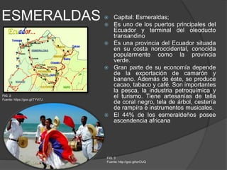 ESMERALDAS  Capital: Esmeraldas;
 Es uno de los puertos principales del
Ecuador y terminal del oleoducto
transandino
 Es una provincia del Ecuador situada
en su costa noroccidental, conocida
popularmente como la provincia
verde.
 Gran parte de su economía depende
de la exportación de camarón y
banano. Además de éste, se produce
cacao, tabaco y café. Son importantes
la pesca, la industria petroquímica y
el turismo. Tiene artesanías de talla
de coral negro, tela de árbol, cestería
de rampíra e instrumentos musicales.
 El 44% de los esmeraldeños posee
ascendencia africana
FIG. 2
Fuente: https://goo.gl/TYVi7J
FIG. 3
Fuente: http://goo.gl/tzrCUQ
 
