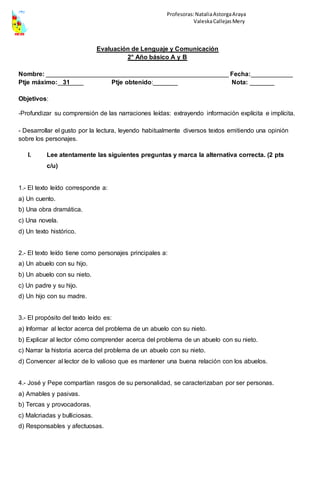 Profesoras:NataliaAstorgaAraya
ValeskaCallejasMery
Evaluación de Lenguaje y Comunicación
2° Año básico A y B
Nombre: ____________________________________________________ Fecha:____________
Ptje máximo: 31 Ptje obtenido:_______ Nota: _______
Objetivos:
-Profundizar su comprensión de las narraciones leídas: extrayendo información explícita e implícita.
- Desarrollar el gusto por la lectura, leyendo habitualmente diversos textos emitiendo una opinión
sobre los personajes.
I. Lee atentamente las siguientes preguntas y marca la alternativa correcta. (2 pts
c/u)
1.- El texto leído corresponde a:
a) Un cuento.
b) Una obra dramática.
c) Una novela.
d) Un texto histórico.
2.- El texto leído tiene como personajes principales a:
a) Un abuelo con su hijo.
b) Un abuelo con su nieto.
c) Un padre y su hijo.
d) Un hijo con su madre.
3.- El propósito del texto leído es:
a) Informar al lector acerca del problema de un abuelo con su nieto.
b) Explicar al lector cómo comprender acerca del problema de un abuelo con su nieto.
c) Narrar la historia acerca del problema de un abuelo con su nieto.
d) Convencer al lector de lo valioso que es mantener una buena relación con los abuelos.
4.- José y Pepe compartían rasgos de su personalidad, se caracterizaban por ser personas.
a) Amables y pasivas.
b) Tercas y provocadoras.
c) Malcriadas y bulliciosas.
d) Responsables y afectuosas.
 