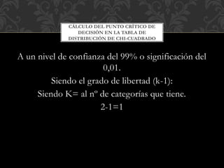 A un nivel de confianza del 99% o significación del
0,01.
Siendo el grado de libertad (k-1):
Siendo K= al nº de categorías que tiene.
2-1=1
CÁLCULO DEL PUNTO CRÍTICO DE
DECISIÓN EN LA TABLA DE
DISTRIBUCIÓN DE CHI-CUADRADO
 