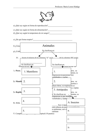 Profesora: María Loreto Hidalgo




a) ¿Qué soy según mi forma de reproducción?__________________________

c) ¿Qué soy según mi forma de alimentación?__________________________
d) ¿Qué soy según la temperatura de mi sangre?________________________


e) ¿De qué forma respiro?__________________________________________


                                      Animales
f) ¿Cómo es mi piel?______________________________________________

                                    Se clasifican en:
g) ¿Cuáles mi forma de desplazamiento?______________________________


   IV.     Anota el número de la columna “A” en la ______ de la columna “B” según
           corresponda. (4 puntos)
           ______________________
           Se clasifican en:                     Se clasifican en:
         COLUMNA “A”                                            COLUMNA “B”

1.- Peces.
                 1. Mamíferos                       1. ______ Son Ovíparos, su
                                                  cuerpo está cubierto de plumas, su
                                                  respiración es pulmonar, son
                                                  vertebrados y vuelan.

            2.
2.- Mamíferos.                                       2.  ______ Son Ovíparos, su
                                                  cuerpo está cubierto de escamas o
                                                  placas duras, su respiración es
                                                  pulmonar, son vertebrados y reptan.
                                                     3. Artrópodos
3.- Reptiles.   3.                                        ______ Son Ovíparos, su
                                                  cuerpo está cubierto de escamas, su
                                                    Se clasifican en:
                                                  respiración es por branquias, son
                                                  vertebrados y nadan.
                4.
4.- Aves.                                                              A. Insectos
                                                 ______ Son vivíparos, su cuerpo
                                                 está cubierto de pelos, su respiración
                                                 es pulmonar, son vertebrados y
           5.                                    caminan              B.
V. Completa el siguiente mapa conceptual (10 puntos)

                                                                       C.



                                                                       D.
 