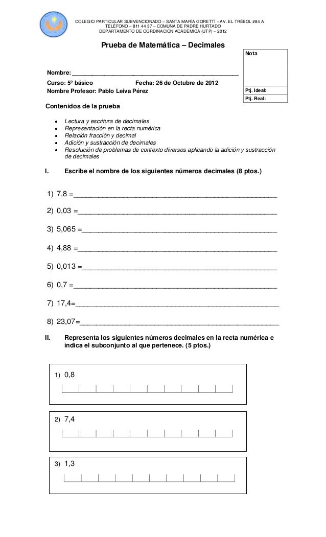 Prueba de decimales 5°