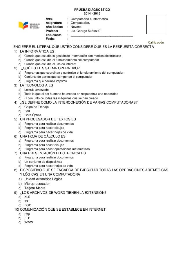 preguntas basicas sobre computacion prueba de diagnostico 2do a 10mo preguntas basicas sobre computacion prueba de diagnostico 2do a 10mo