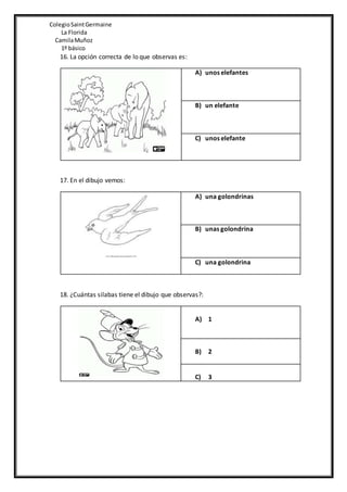 ColegioSaintGermaine
La Florida
CamilaMuñoz
1º básico
16. La opción correcta de lo que observas es:
A) unos elefantes
B) un elefante
C) unos elefante
17. En el dibujo vemos:
A) una golondrinas
B) unas golondrina
C) una golondrina
18. ¿Cuántas silabas tiene el dibujo que observas?:
A) 1
B) 2
C) 3
 