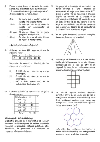 8. En una ocasión, Roberto, paciente del doctor
Llanos, muy disgustado dijo a sus hermanas:
“ El doctor Llanos no es justo ni competente”
A lo que cada una le responde así:
Ana: Es cierto que el doctor Llanos es
injusto o no es competente.
Vilma: Es falso que, si el doctor Llanos es
injusto por consiguiente es
componente.
Adriana: El doctor Llanos no es justo
porque es incompetente.
Silvia: Es falso decir que el doctor Llanos
es injusto e incompetente.
¿Quién le dio la razón a Roberto?
9. Al lanzar un dado 100 veces se obtuvo la
siguiente tabla:
cara 1 2 3 4 5 6
.fi 13 15 17 16 20 19
Determine la verdad o falsedad de las
siguientes proposiciones:
I. El 50% de las veces se obtuvo un
número par.
II. El 30% de las veces se obtuvo un
número par.
III. P(4) > P(3), donde P(x) es la
probabilidad de obtener “x”.
10. La tabla muestra las estaturas de un grupo
de estudiantes:
Estatura (cm) .fi Fi
[165; 170[ 3
[170; 175[ 8
[175; 180[ 13
[180; 170[ 9
[185; 190[ 7
Total N = 40
RESOLUCIÓN DE PROBLEMAS
El objetivo principal de la matemática es resolver
problemas, así en esta parte del examen, utilizando
teoremas, propiedades, métodos prácticos, etc.,
desarrollar los problemas. Se considera la
respuesta y los procedimientos.
11. Un grupo de aficionados de un equipo de
fútbol encarga a una empresa de
transportes el viaje para llevar a los 1200
socios a ver la final de su equipo, la empresa
dispone de autobús de 50 plazas y de
microbuses de 30 plazas. El precio del viaje
en cada autobús es de 252 dólares y el del
viaje en microbús de 180 dólares. Sabiendo
que la empresa dispone de 28 conductores.
¿Cuál es el costo máximo del viaje?
12. En la figura mostrada, ¿cuántos triángulos
tienen por lo menos un asterisco?
13. Distribuya los números de 1 al 8, uno en cada
casilla, de tal forma que no hay dos números
consecutivos uno al lado del otro ni en
diagonal. La suma de los cuatro números que
ocuparán la columna central vertical es:
14. Se escribe algunos enteros positivos
distintos entre sí, en cada uno de los 7
hexágonos de la figura, de modo no hay dos o
tres hexágonos vecinos cuya suma sea
múltiplo de 3. ¿Cuál es la menor suma posible
de los números escritos?
Aclaración: Dos hexágonos son vecinos si
tienen un lado en común y tres hexágonos son
vecinos si tienen un vértice en común.
 