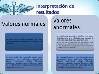 Valores normales
Los resultados normales significan que usted
probablemente nunca ha tenido una infección por
toxoplasma.
Los rangos de los valores normales pueden variar
ligeramente entre diferentes laboratorios.
Algunos laboratorios utilizan diferentes
mediciones o analizan muestras diferentes. Hable
con el médico acerca del significado del resultado
específico de su examen.
Valores
anormales
Los resultados anormales significan que usted
probablemente se ha infectado con el parásito. Se
miden dos tipos de anticuerpos, IgM e IgG:
•Si el nivel de los anticuerpos IgM está elevado, usted
probablemente resultó infectado en el pasado reciente.
•Si el nivel de los anticuerpos IgG está elevado, usted se infectó
en algún momento en el pasado.
Los rangos de los valores normales pueden variar
ligeramente entre diferentes laboratorios.
Algunos laboratorios utilizan diferentes
mediciones o analizan muestras diferentes. Hable
con el médico acerca del significado de los
resultados específicos de su examen.
 