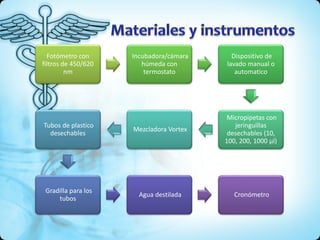 Fotómetro con
filtros de 450/620
nm
Incubadora/cámara
húmeda con
termostato
Dispositivo de
lavado manual o
automatico
Micropipetas con
jeringuillas
desechables (10,
100, 200, 1000 µl)
Mezcladora Vortex
Tubos de plastico
desechables
Gradilla para los
tubos
Agua destilada Cronómetro
 