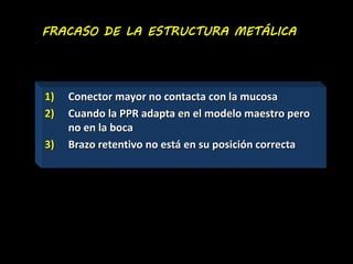 FRACASO DE LA ESTRUCTURA METÁLICA 
1) Conector mayor no contacta con la mucosa 
2) Cuando la PPR adapta en el modelo maestro pero 
no en la boca 
3) Brazo retentivo no está en su posición correcta 
 
