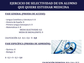 EJERCICIO DE SELECTIVIDAD DE UN ALUMNO
QUE QUIERE ESTUDIAR MEDICINA
FASE GENERAL (PRUEBA DE ACCESO):
- Lengua Castellana y Literatura II: 8
- Historia de España: 9
- Primera Lengua Extranjera II: 9
- Matemáticas II: 8
MEDIA SELECTIVIDAD: 8,5
MEDIA DE BACHILLERATO: 9
CALIFICACIÓN: 0,4 · 8,5 + 0,6 · 9 = 8,8
FASE ESPECÍFICA (PRUEBA DE ADMISIÓN):
- Química: 8
- Biología: 9
8 · 0,2 + 9 · 0,2 = 3,4
 