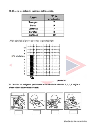 19. Observa los datos del cuadro de doble entrada.
Juegos
Nº de
estudiantes
Trompos 7
Bolas 9
Cometas 7
Caretas 8
Muñecas 10
Ahora completa el gráfico de barras, según el ejemplo:
20. Observa las imágenes y escribe en el recuadro los números 1, 2, 3, 4 según el
orden en que ocurren los hechos:
Comité técnico pedagógico
 