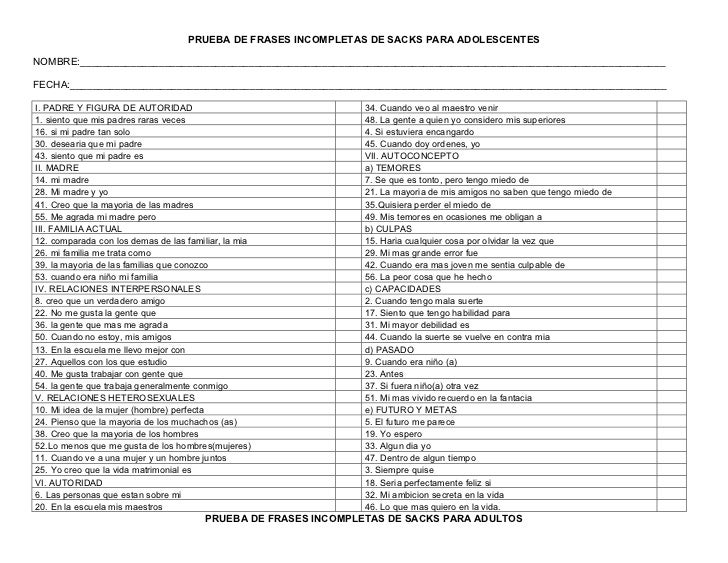 Prueba de frases incompletas de sacks