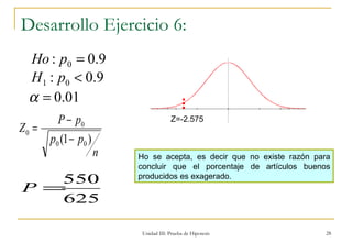 Unidad III: Prueba de Hipotesis Z=-2.575 Desarrollo Ejercicio 6: Ho se acepta, es decir que no existe razón para concluir que el porcentaje de artículos buenos producidos es exagerado. 