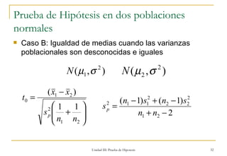 Prueba de Hipótesis en dos poblaciones normales Caso B: Igualdad de medias cuando las varianzas poblacionales son desconocidas e iguales  Unidad III: Prueba de Hipotesis 