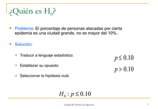Unidad III: Prueba de Hipotesis ¿Quién es H 0 ? Problema : El porcentaje de personas atacadas por cierta  epidemia es una ciudad grande, no es mayor del 10%. Solución : Traducir a lenguaje estadístico:  Establecer su opuesto: Seleccionar la hipótesis nula  