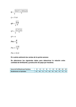 En cuánto estimaría las ventas de la quinta semana

Se obtuvieron los siguientes datos para determinar la relación entre
cantidad de fertilizante y producción de papa por hectárea.



Sacos de Fertilizante por hectárea    3    4    5    6    7    8    9   10   11   12
Rendimiento en Quintales             45   48   52   55   60   65   68   70   74   76
 
