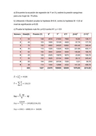 a) Encuentre la ecuación de regresión de Y en X y estime la presión sanguínea
para una mujer de 75 años.

b) Utilizando t-Student pruebe la hipótesis B=0.9, contra la hipótesis B > 0,9 al
nivel de significación a=0.05

c) Pruebe la hipótesis nula Ho: p=0,9 contra H1: p > 0.9

Número     Edad(X)    Presión (Y)       X2        Y2       X*Y       (X-X)2         (Y-Y)2

       1        54              148      2916     21904     7992         16,90       136,11
       2        40              123      1600     15129     4920         97,79       177,78
       3        70              155      4900     24025    10850       404,46        348,44
       4        35              115      1225     13225     4025       221,68        455,11
       5        62              150      3844     22500     9300       146,68        186,78
       6        45              126      2025     15876     5670         23,90       106,78
       7        55              152      3025     23104     8360         26,12       245,44
       8        50              144      2500     20736     7200          0,01         58,78
       9        38              114      1444     12996     4332       141,35        498,78
               449              1227   23479     169495    62649      1078,89       2214,00
 