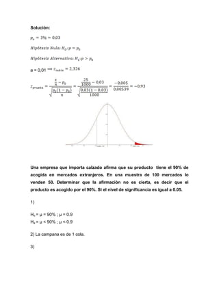 Solución:




a = 0,01




Una empresa que importa calzado afirma que su producto tiene el 90% de
acogida en mercados extranjeros. En una muestra de 100 mercados lo
venden 50. Determinar que la afirmación no es cierta, es decir que el
producto es acogido por el 90%. Si el nivel de significancia es igual a 0.05.

1)

Ho = µ = 90% ; µ = 0.9
Ha = µ < 90% ; µ < 0.9

2) La campana es de 1 cola.

3)
 