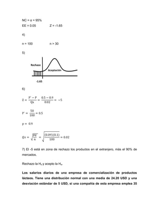 NC = α = 95%
EE = 0.05            Z = -1.65

4)

n = 100              n > 30

5)


      Rechazo
                    Aceptación


            -1.65

6)




7) El -5 está en zona de rechazo los productos en el extranjero, más el 90% de
mercados.

Rechazo la Ho y acepto la Ha.

Los salarios diarios de una empresa de comercialización de productos
lácteos. Tiene una distribución normal con una media de 24.20 USD y una
desviación estándar de 5 USD, si una compañía de esta empresa emplea 35
 