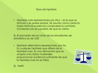 Tipos de hipótesis
• Hipótesis nula representada por (Ho) – es la que se
formula y se quiere probar. Se asume como correcta
hasta tanto la evidencia compruebe lo contrario.
Comienza con el supuesto de que es cierta.
Ej. El promedio de las notas de los estudiantes de
estadística es de 3.00
• Hipótesis alternativa representada por Ha.
Es cualquier hipótesis que difiera de la
hipótesis nula. Es una afirmación que se
acepta si los datos muéstrales
proporcionan evidencia suficiente de que
la hipótesis nula Ho es falsa.
Ej. Ha≠3
 