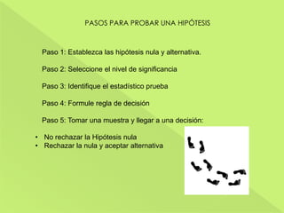 PASOS PARA PROBAR UNA HIPÓTESIS
Paso 1: Establezca las hipótesis nula y alternativa.
Paso 2: Seleccione el nivel de significancia
Paso 3: Identifique el estadístico prueba
Paso 4: Formule regla de decisión
Paso 5: Tomar una muestra y llegar a una decisión:
• No rechazar la Hipótesis nula
• Rechazar la nula y aceptar alternativa
 