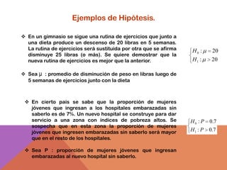 Ejemplos de Hipótesis.

 En un gimnasio se sigue una rutina de ejercicios que junto a
  una dieta produce un descenso de 20 libras en 5 semanas.
  La rutina de ejercicios será sustituida por otra que se afirma   H0 :      20
  disminuye 25 libras (o más). Se quiere demostrar que la
  nueva rutina de ejercicios es mejor que la anterior.             H1 :      20

 Sea μ : promedio de disminución de peso en libras luego de
  5 semanas de ejercicios junto con la dieta



  En cierto país se sabe que la proporción de mujeres
   jóvenes que ingresan a los hospitales embarazadas sin
   saberlo es de 7%. Un nuevo hospital se construye para dar
   servicio a una zona con índices de pobreza altos. Se            H0 : P   0.7
   sospecha que en esta zona la proporción de mujeres
   jóvenes que ingresen embarazadas sin saberlo será mayor         H1 : P   0.7
   que en el resto de los hospitales.

  Sea P : proporción de mujeres jóvenes que ingresan
   embarazadas al nuevo hospital sin saberlo.
 