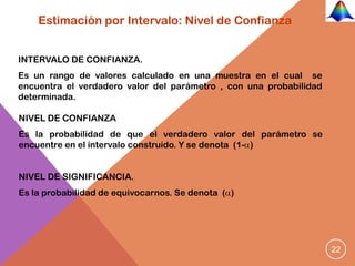 Estimación por Intervalo: Nivel de Confianza


INTERVALO DE CONFIANZA.
Es un rango de valores calculado en una muestra en el cual se
encuentra el verdadero valor del parámetro , con una probabilidad
determinada.

NIVEL DE CONFIANZA
Es la probabilidad de que el verdadero valor del parámetro se
encuentre en el intervalo construido. Y se denota (1- )


NIVEL DE SIGNIFICANCIA.
Es la probabilidad de equivocarnos. Se denota ( )




                                                                    22
 