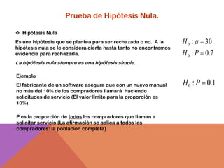 Prueba de Hipótesis Nula.

 Hipótesis Nula
Es una hipótesis que se plantea para ser rechazada o no. A la      H0 :    30
hipótesis nula se le considera cierta hasta tanto no encontremos
evidencia para rechazarla.                                         H 0 : P 0.7
La hipótesis nula siempre es una hipótesis simple.

Ejemplo
El fabricante de un software asegura que con un nuevo manual       H 0 : P 0.1
no más del 10% de los compradores llamará haciendo
solicitudes de servicio (El valor límite para la proporción es
10%).

P es la proporción de todos los compradores que llaman a
solicitar servicio (La afirmación se aplica a todos los
compradores: la población completa)
 
