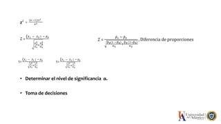 • Determinar el nivel de significancia α.
• Toma de decisiones
Z =
(𝑥1 − 𝑥2 ) − 𝑑0
σ1
2
𝑛1
+
σ2
2
𝑛2
t=
(𝑥1 − 𝑥2 ) − 𝑑0
𝑠2
𝑛1
+
𝑠2
𝑛2
t=
(𝑥1 − 𝑥2 ) − 𝑑0
𝑠2
𝑛1
+
𝑠2
𝑛2
𝛘2
=
𝑛 −1) 𝑠2
𝜎2
Z =
𝑝1 − 𝑝2
𝑝0(1 −𝑝0)
𝑛1
+
𝑝0 (1−𝑝0)
𝑛2
, Diferencia de proporciones
 