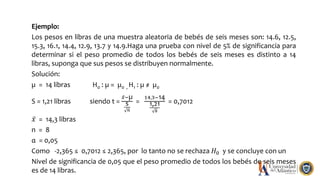 Ejemplo:
Los pesos en libras de una muestra aleatoria de bebés de seis meses son: 14.6, 12.5,
15.3, 16.1, 14.4, 12.9, 13.7 y 14.9.Haga una prueba con nivel de 5% de significancia para
determinar si el peso promedio de todos los bebés de seis meses es distinto a 14
libras, suponga que sus pesos se distribuyen normalmente.
Solución:
µ = 14 libras H0 : µ = µ0 , H1 : µ ≠ µ0
S = 1,21 libras siendo t =
𝑥−µ
s
𝑛
=
14,3−14
1,21
8
= 0,7012
𝑥 = 14,3 libras
n = 8
α = 0,05
Como -2,365 ≤ 0,7012 ≤ 2,365, por lo tanto no se rechaza 𝐻0 y se concluye con un
Nivel de significancia de 0,05 que el peso promedio de todos los bebés de seis meses
es de 14 libras.
 