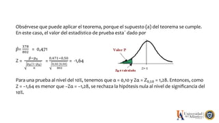 Obsérvese que puede aplicar el teorema, porque el supuesto (a) del teorema se cumple.
En este caso, el valor del estadístico de prueba esta´ dado por
𝑝=
378
802
= 0,471
Z =
𝑝−𝑝0
𝑝0(1−𝑝0)
𝑛
=
0,471−0,50
0,50 (0,50)
802
= -1,64
Para una prueba al nivel del 10%, tenemos que α = 0,10 y Zα = 𝑍0,10 = 1,28. Entonces, como
Z = −1,64 es menor que −Zα = −1,28, se rechaza la hipótesis nula al nivel de signiﬁcancia del
10%.
 