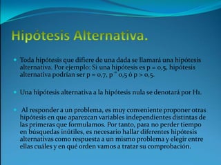 Hipótesis Alternativa.Toda hipótesis que difiere de una dada se llamará una hipótesis alternativa. Por ejemplo: Si una hipótesis es p = 0,5, hipótesis alternativa podrían ser p = 0,7, p " 0,5 ó p > 0,5.Una hipótesis alternativa a la hipótesis nula se denotará por H1.Al responder a un problema, es muy conveniente proponer otras hipótesis en que aparezcan variables independientes distintas de las primeras que formulamos. Por tanto, para no perder tiempo en búsquedas inútiles, es necesario hallar diferentes hipótesis alternativas como respuesta a un mismo problema y elegir entre ellas cuáles y en qué orden vamos a tratar su comprobación.