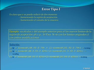 Error Tipo IEs claro que a se puede reducir de dos maneras:	- Aumentando la región de aceptación	- Aumentando el tamaño de la muestraEjemplo: recalcular a del ejemplo anterior para a) los nuevos límites de la región de aceptación 48 y 52.  b) Para  N=16 con los límites originales c) con ambas modificacionesSolución:a) a = normcdf(48,50,0.79) + (1-normcdf(52,50,0.79))  = 0.0114b) a = normcdf(48.5,50,0.625)+(1-normcdf(51.5,50,0.625))  = 0.0164c) a = normcdf(48,50,0.625)+(1-normcdf(52,50,0.625))  = 0.0014UMSNH - FIE