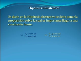 		H0: m=200 psi		H0: m=200 psi		H1: m>200 psi		H1: m<200 psi(1)(2)Hipótesis UnilateralesEs decir, en la Hipótesis alternativa se debe poner la proposición sobre la cual es importante llegar a una conclusión fuerte: