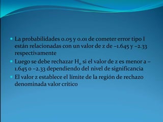 La probabilidades 0.05 y 0.01 de cometer error tipo I están relacionadas con un valor de z de –1.645 y –2.33 respectivamenteLuego se debe rechazar H0 si el valor de z es menor a –1.645 o –2.33 dependiendo del nivel de significanciaEl valor z establece el límite de la región de rechazo denominada valor crítico