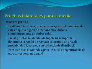 Pruebas bilaterales para la mediaMuestra grandeLa diferencia de esta prueba con respecto a las unilaterales está en que la región de rechazo está ubicada simultáneamente en ambas colasEn las pruebas bilaterales de hipótesis siempre se determina la región de rechazo colocando un área de probabilidad igual a a/2 en cada cola de distribuciónPara este caso el valor de z para un nivel de significancia de 0.05 corresponderá a 1.96