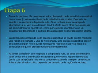 Etapa 6Tomar la decisión. Se compara el valor observado de la estadística muestral con el valor (o valores) críticos de la estadística de prueba. Después se acepta o se rechaza la hipótesis nula. Si se rechaza ésta, se acepta la alternativa; a su vez, esta decisión tendrá efecto sobre otras decisiones de los administradores operativos, como por ejemplo, mantener o no un estándar de desempeño o cuál de dos estrategias de mercadotecnia utilizar.La distribución apropiada de la prueba estadística se divide en dos regiones: una región de rechazo y una de no rechazo. Si la prueba estadística cae en esta última región no se puede rechazar la hipótesis nula y se llega a la conclusión de que el proceso funciona correctamente.Al tomar la decisión con respecto a la hipótesis nula, se debe determinar el valor crítico en la distribución estadística que divide la región del rechazo (en la cual la hipótesis nula no se puede rechazar) de la región de rechazo. A hora bien el valor crítico depende del tamaño de la región de rechazo.