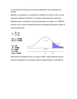 3.-Una encuesta revela que los 100 autos particulares, que constituyen una
muestra

aleatoria, se condujeron a un promedio de 12500 Km. Dur ante un año, con una

desviación estándar de 2400 Km. Con base en esta información, docimar la

hipótesis donde, en promedio, los autos particulares se condujer on a 12000 Km

durante un año, frente a la alternativa de que el promedio sea superior. Utilizar el

nivel de significación.




Rechazamos la hipótesis de que µ es igual a 12000, luego aceptamos que los

autos se condujeron en un promedio superior durante ese año, al nivel del 5%.
 