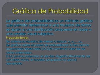 La gráfica de probabilidad es un método gráfico
que permite determinar si una muestra de datos
se ajusta a una distribución propuesta en base a
una análisis visual subjetivo.
Procedimiento:
Se ordena la muestra de menor a mayor: x1,x2,....,xN
Se grafica sobre el papel de probabilidad la frecuencia
acumulada observada (i-0.5)/N contra el valor de los
datos ordenados.
Si los puntos obtenidos se devían sif¿gnificativamente de
una línea recta, el modelo propuesto no será el
apropiado.
 